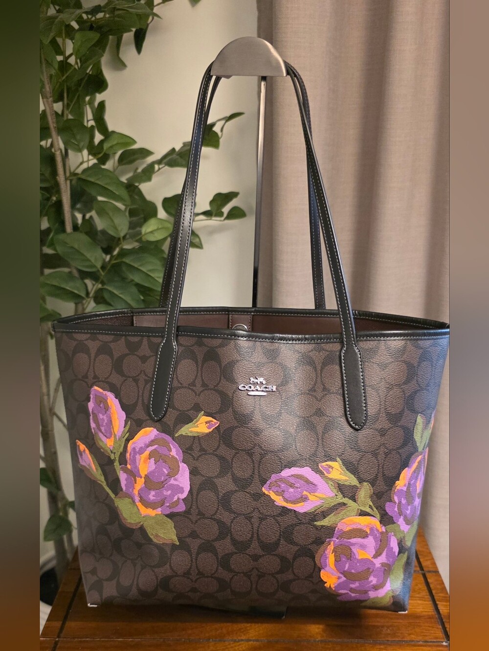 Coach City Tote Signature C's with Rose Print CL420 Brown/Iris Purple